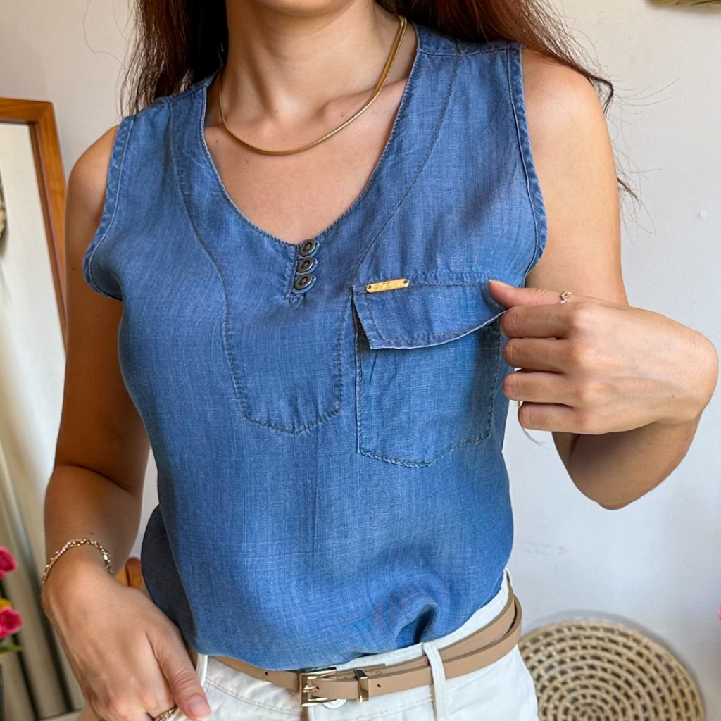 Cropped Jeans de Alça P ao GG com Botões Blusa com Decote