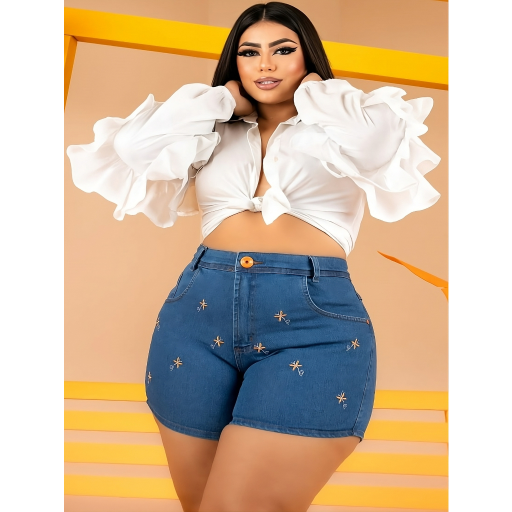 Short Jeans Pedal Feminino Botões Plus Size Com Lycra Cintura Alta