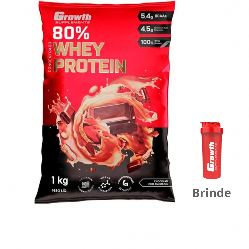 Whey Protein 80% Chocolate Com Amendoim Proteína Concentrado 1Kg Growth Suplementos