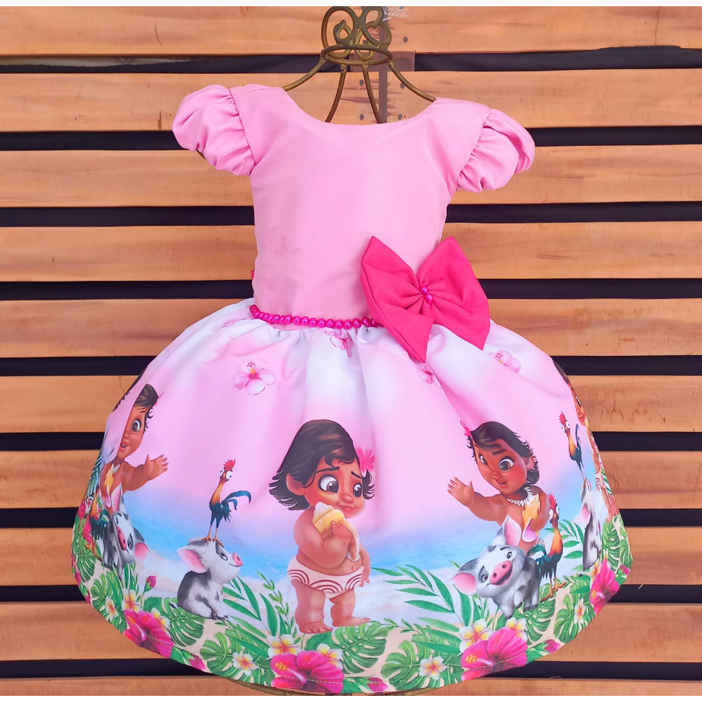 Vestido Infantil Moana Baby Rosa Temático Aniversário Rodado