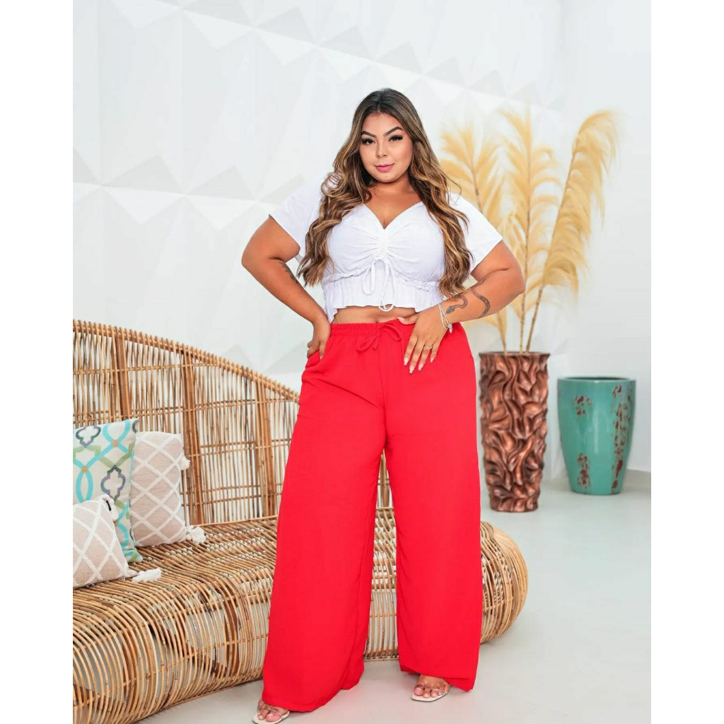 SHEIN EZwear Calças De Cintura Alta E Perna Larga Sólida Para Roupa De  Verão