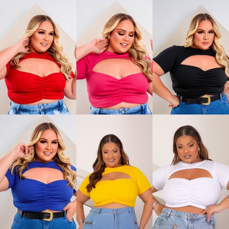 Blusinha Cropped Plus Size Malha de Crep, Veste do 46 ao 52, Recorte Frontal GG