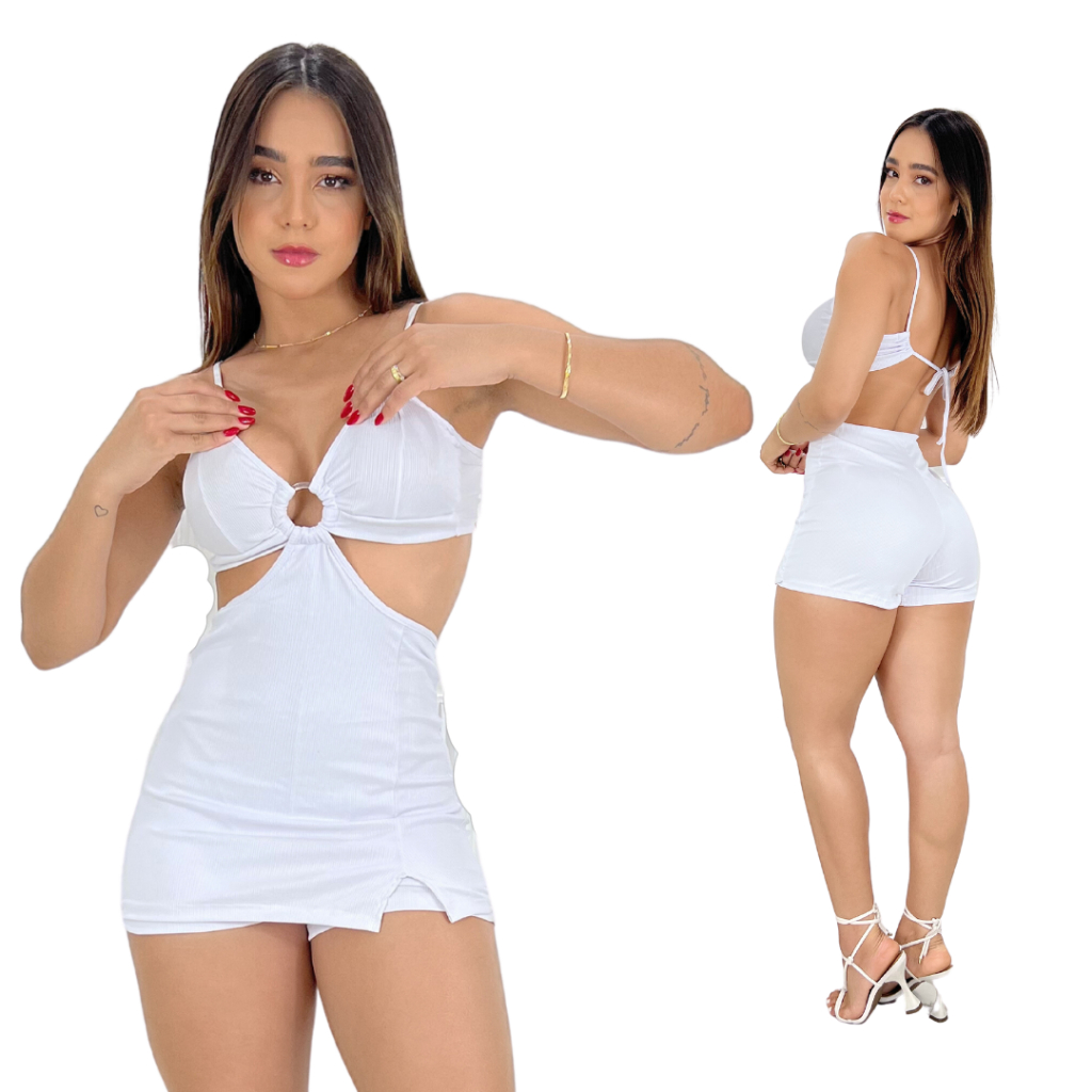 Macaquinho Canelado com argola short saia