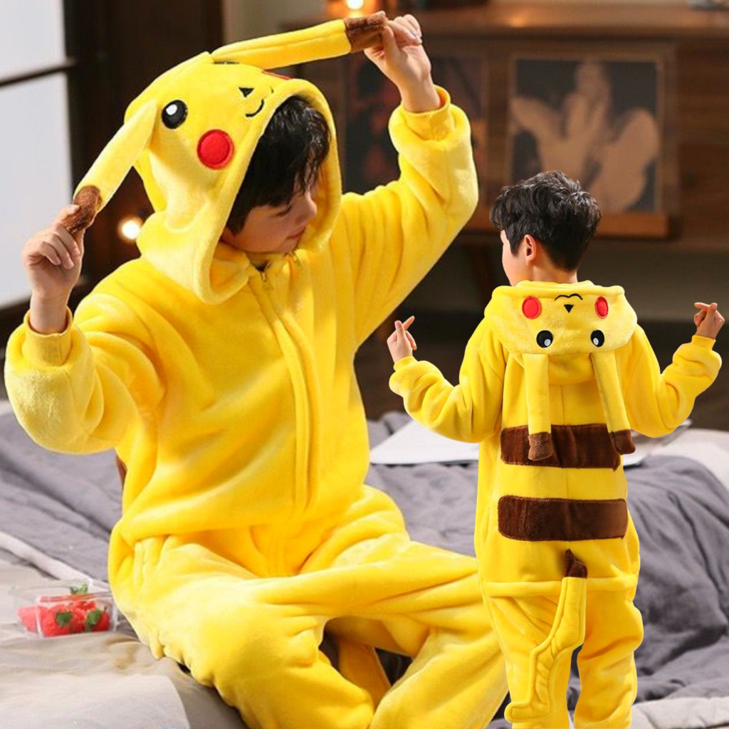 Kit Pijama com Pantufa Kigurumi Fantasia Cosplay Pelúcia Confortável  Macacão com Capuz Pikachu Amarelo