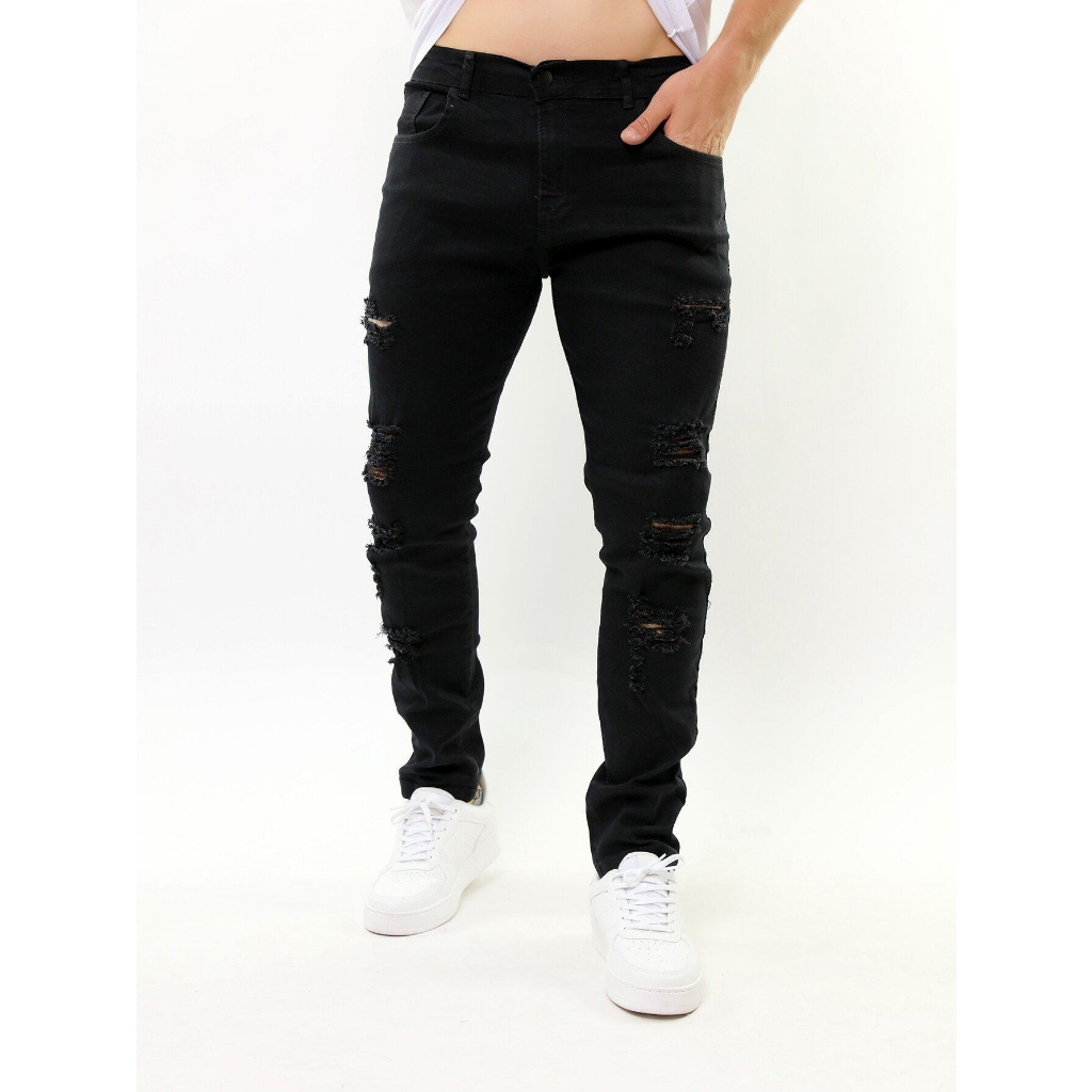 Calca jeans skinny Preta Destroyed Rasgada Desfiada ElastanoLaycra.