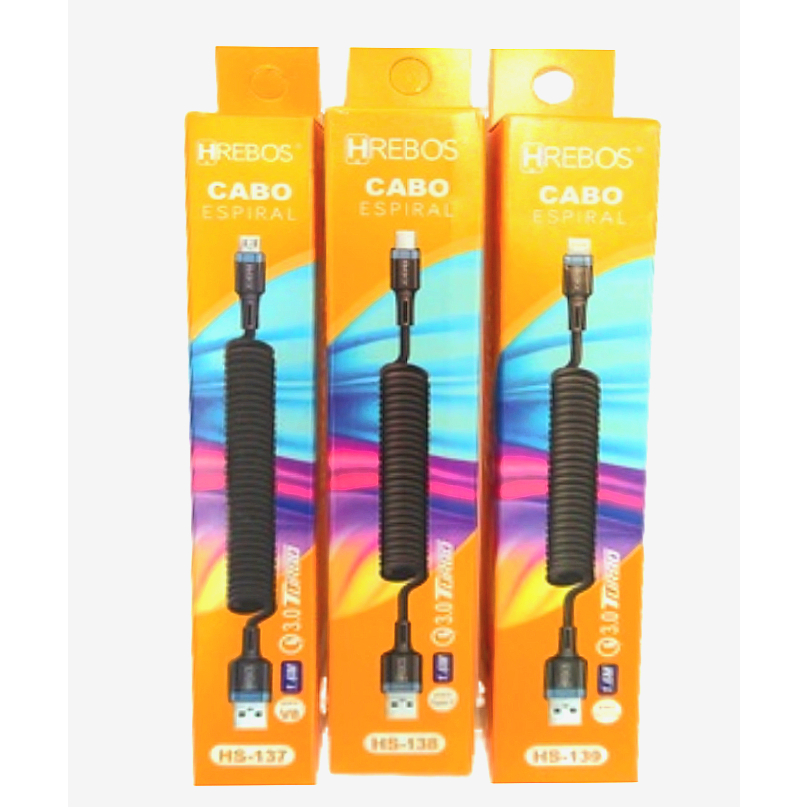 Cabo Espiral HREBOS 1.6M 3.1A HS- Micro usb-V8/ iphone/Tipo-c