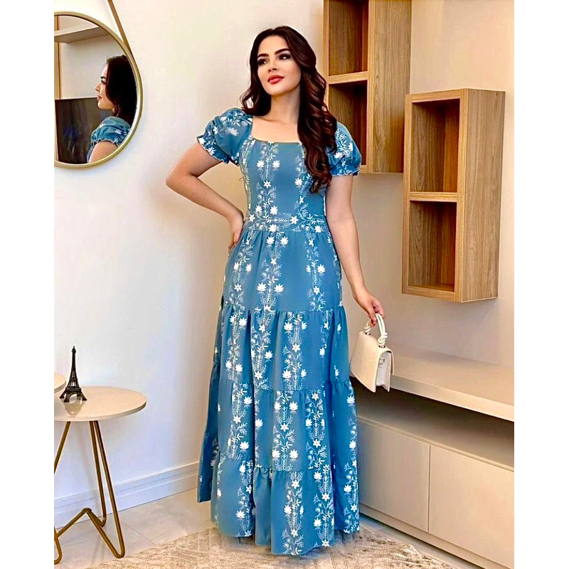 Vestido Longo Florido Floral Tricoline Manga Princesa Bufante