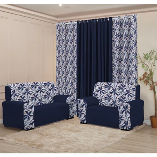 Kit Decoração Sala, Cortina + kit 2 e 3 Lugares Coladinha Mista Floral Estampada Sala Capa de Sofá Protetor