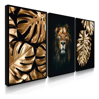 Quadros Decorativos com Moldura Leão Folhas Douradas Sala Moderno Kit 3