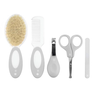 Kit Cuidados Para bebê Com 5 Peças - Tesourinha, lixa, cortador, pente e escova Com Cerdas Naturais