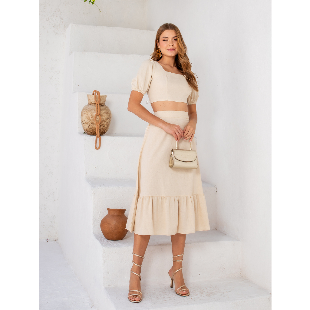 Conjunto feminino premium em linho com saia midi e blusa manga bufante ...