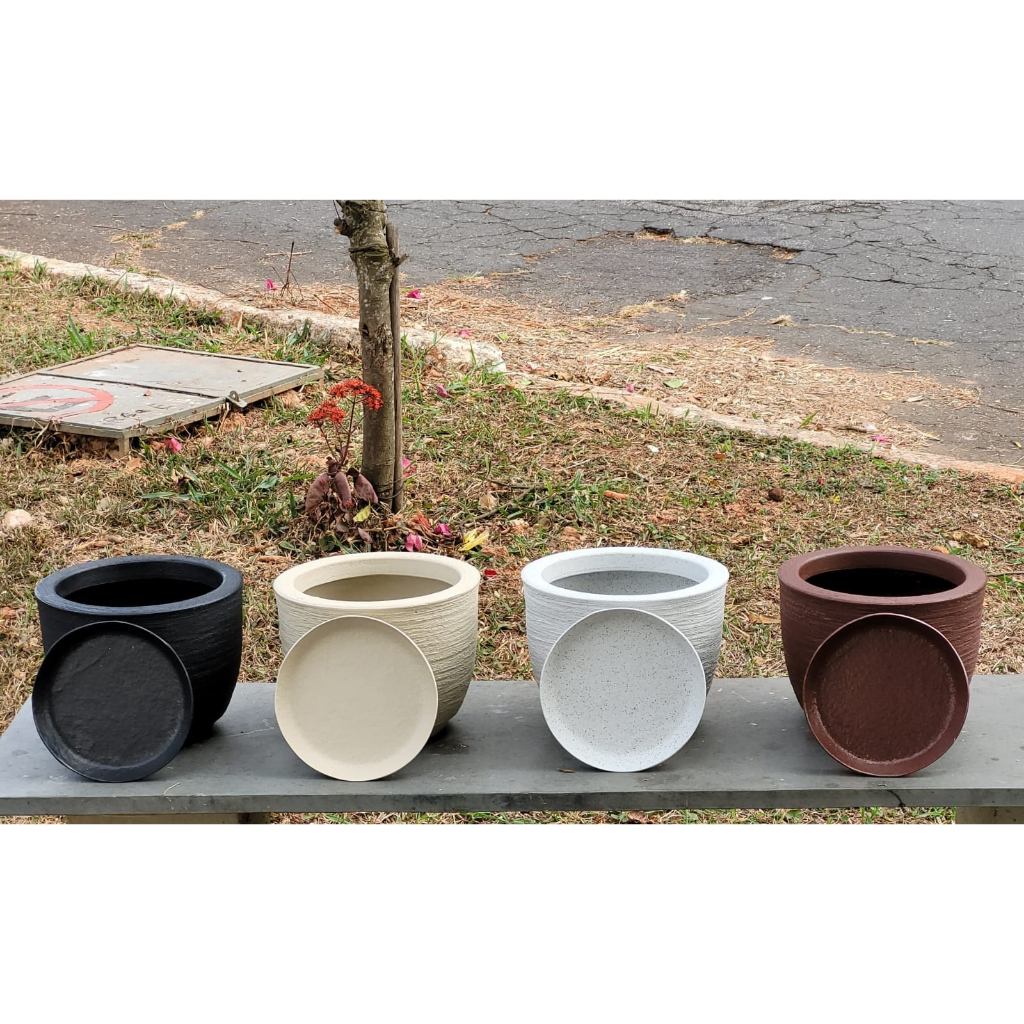 Vaso Decorativo Bojo Escovado Redondo com Prato para Planta Polietileno