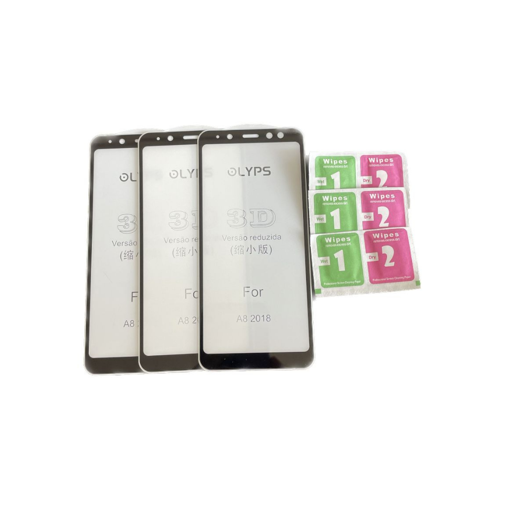 Conjunto de 3 Películas 3D para Galaxy A8 2018 + Kits de Limpeza da Tela