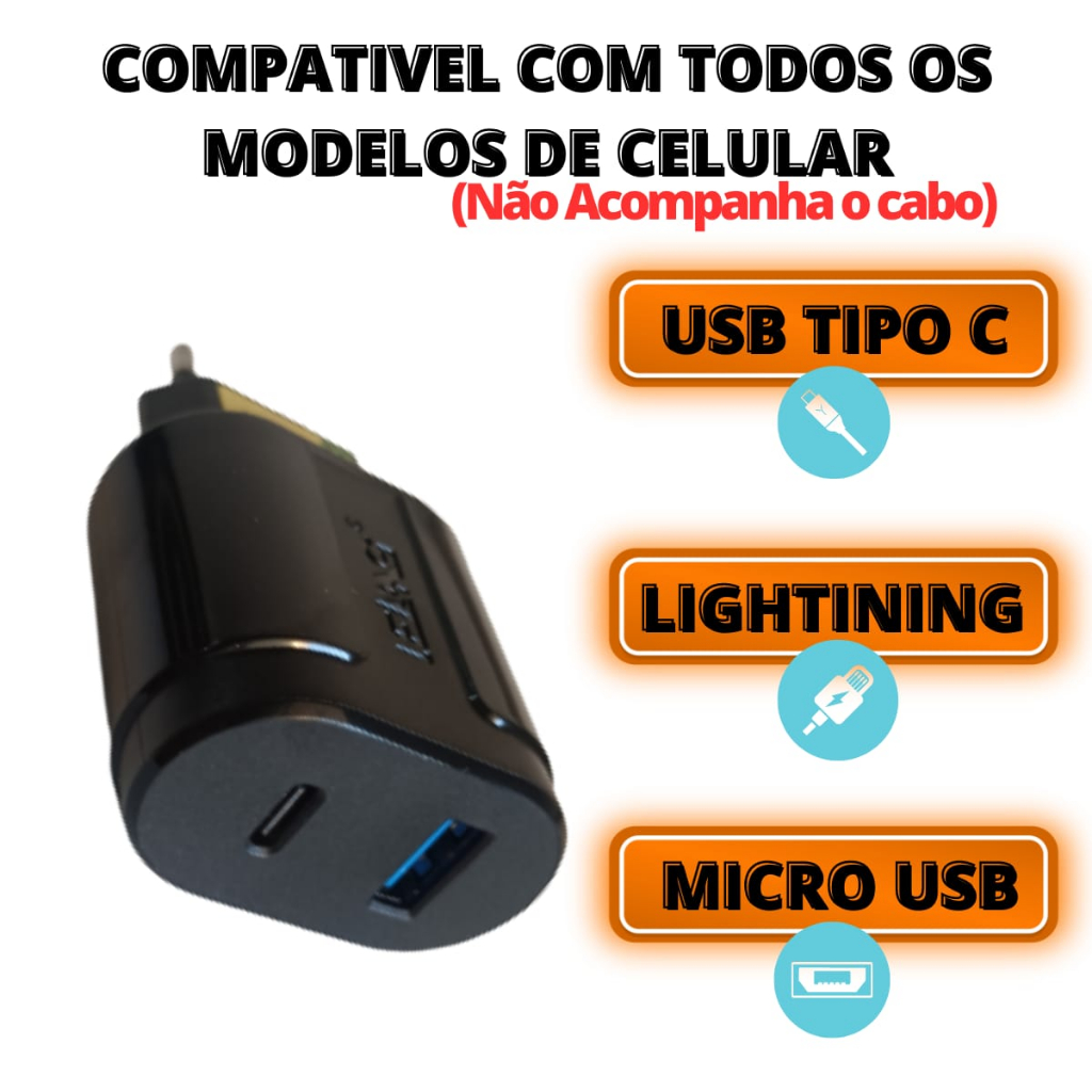 Fonte 36w Turbo Iphone Xiaomi PD Tipo C Usb 2 Entradas