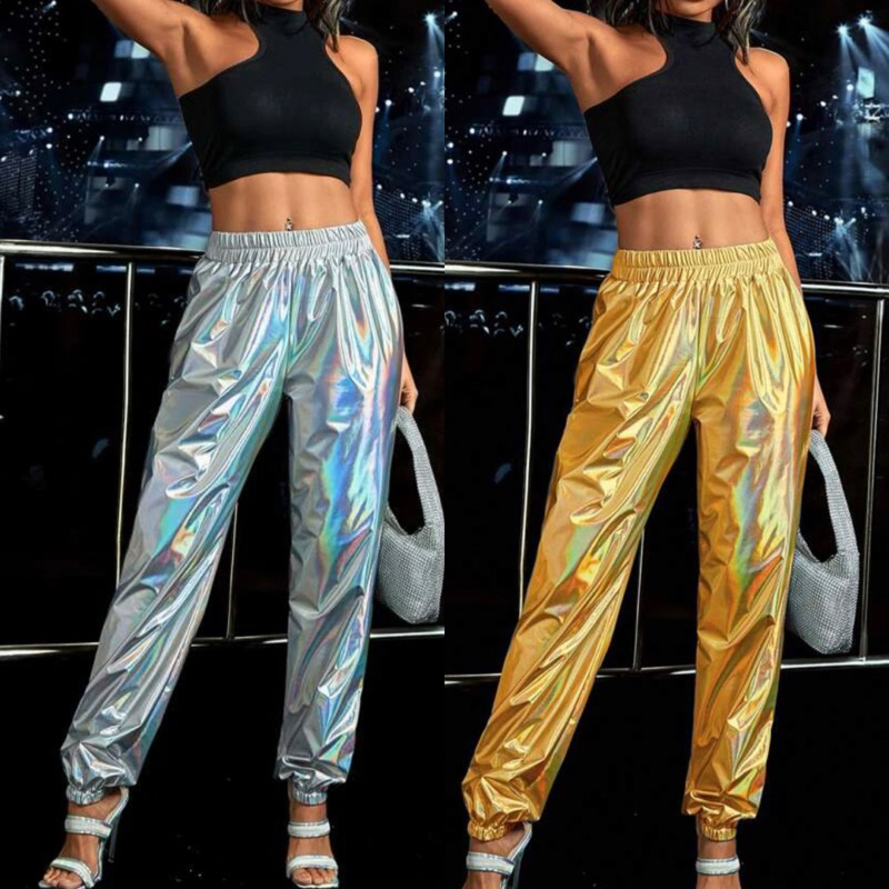 Calça Feminina Jogger Metalizada Holográfica Brilho Festa Show Glamour  Cintura Média