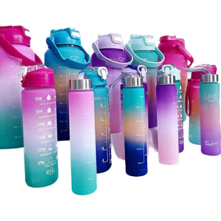 Kit de Garrafa De Água Motivacional  Portátil De 2000ml/900ml/300ml Em Degradê com adesivo 3D(3PCS)