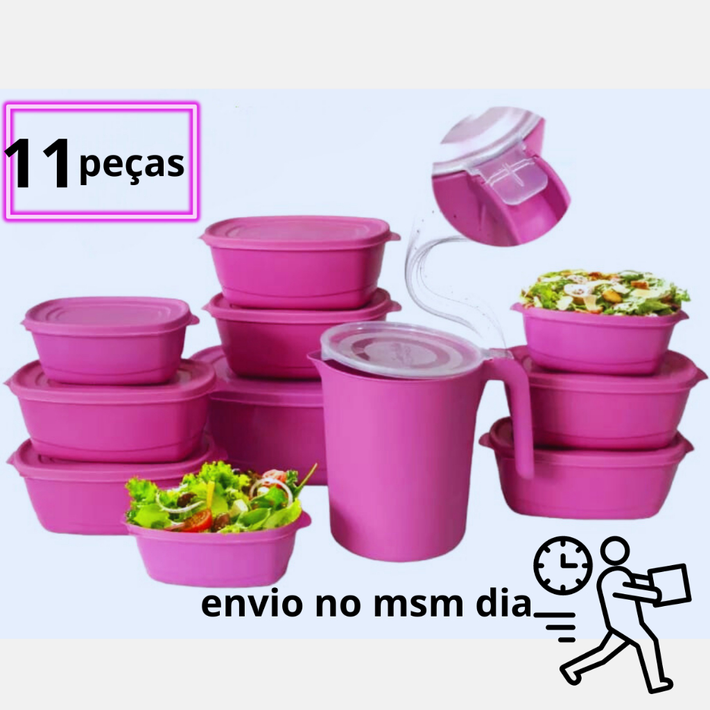 kit potes 11 peças com jarra para cozinha tapoer vasilhas saladeira (rosa)