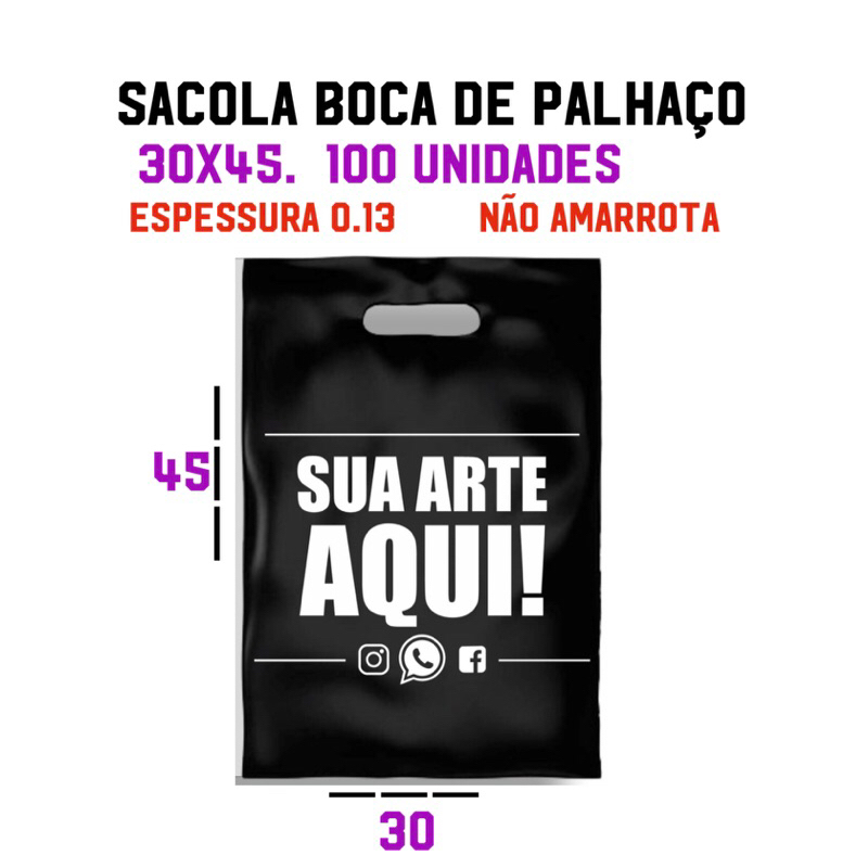 sacola boca 30x45. 100 und.personalizada boca de palhaco “.alça vazada “