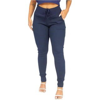 Kit 2 Calça Feminina Cintura Alta Jogger Canelada Moletom
