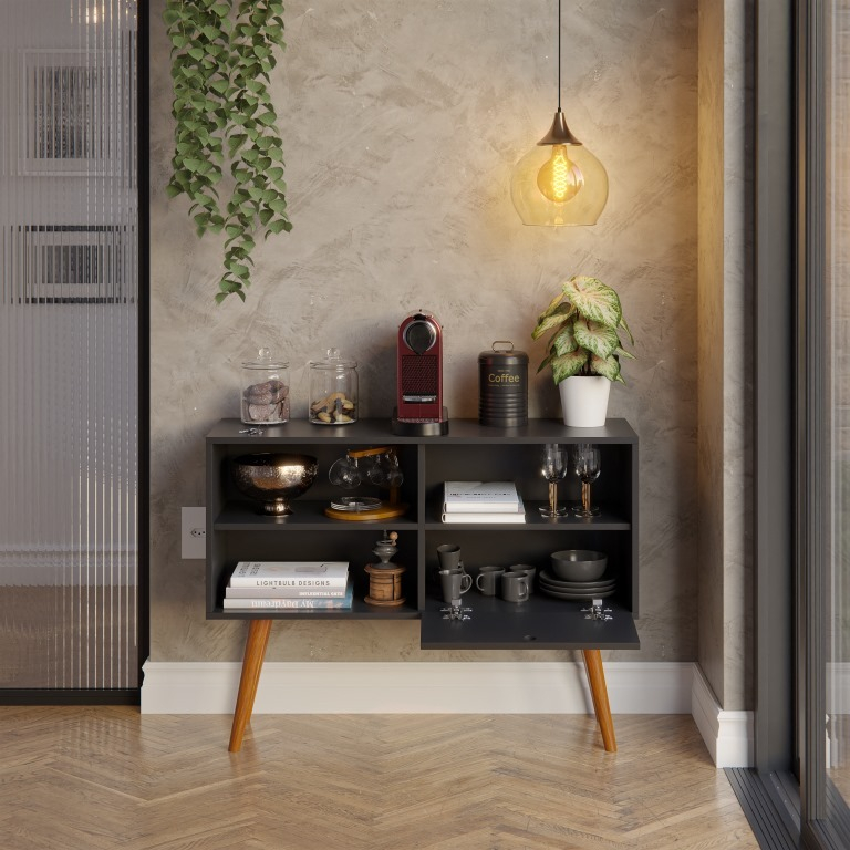 Rack Para Sala Union Preto Com Pes Madeira A8