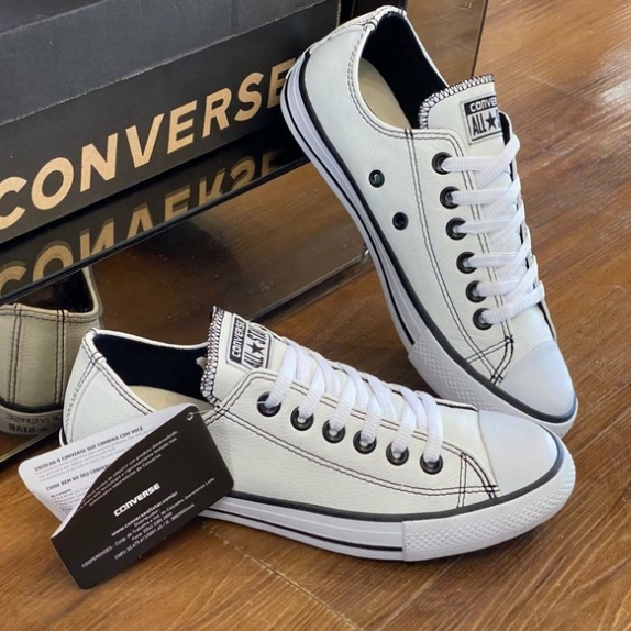 T nis All Star Converse Plataforma Couro Branco Preto Feir o