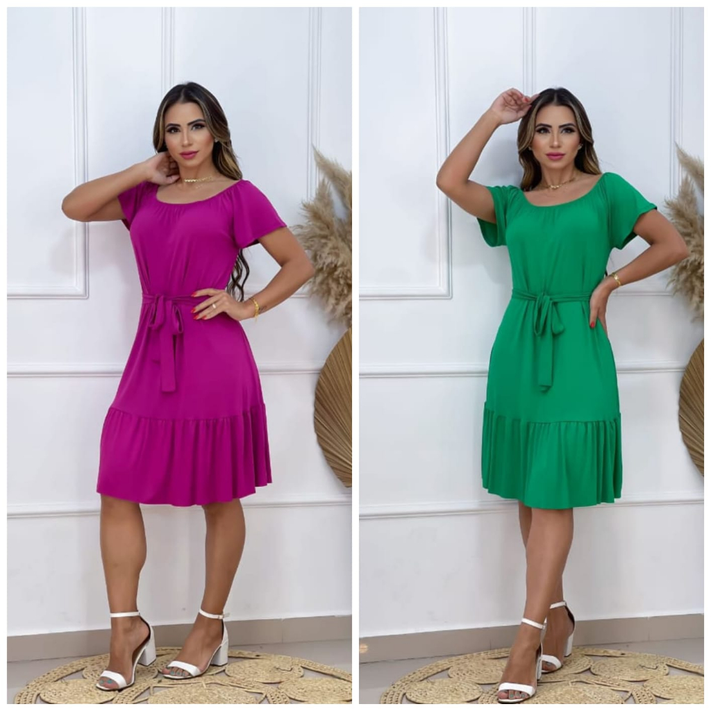 Vestido Com Babado Midi Ciganinha Com Cinto Ombro a Ombro Casual Tendência Liso, Moda, Verão