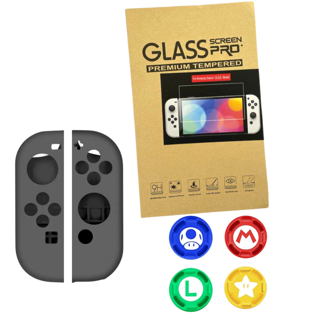 Pelicula Proteção para Nintendo Switch Oled + Silicone Joy Con + 4 Grip