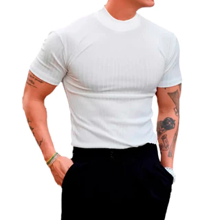 Camiseta Manga Curta Gola Alta Premium Malha Canelada