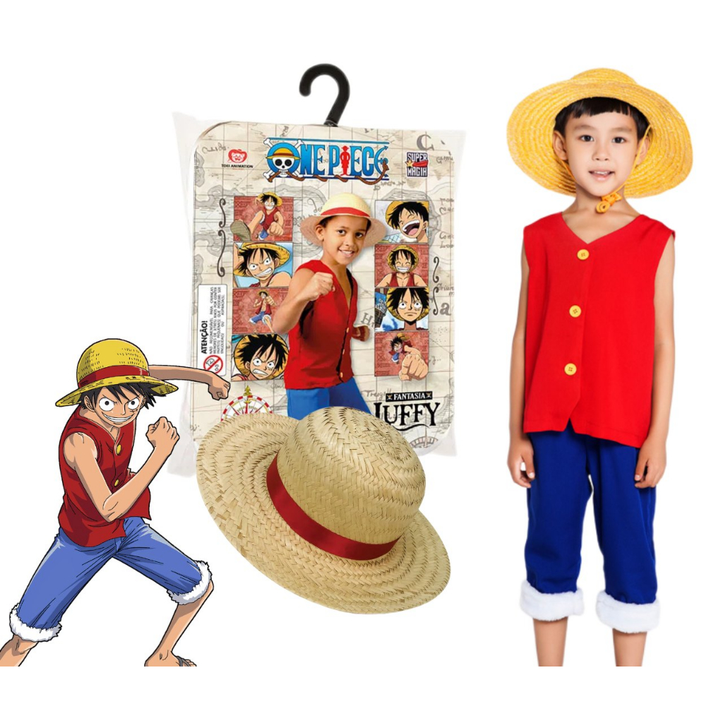 Fantasia Luffy C/ Chapéu One Piece Traje Infantil Roupa Mangá Cosplay ...