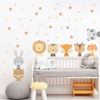 Adesivo de parede Infantil Bichinhos Baby Safari com estrelas decoração quartinho bebê