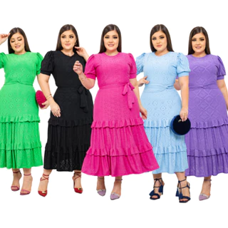 Vestido Midi Feminino malha lese manga curta Antonela