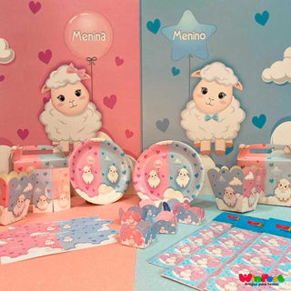 Kit Festa cha revelação ovelhinha com Painel / Caixa Surpresa / Cachepot / Convite / Caixeta