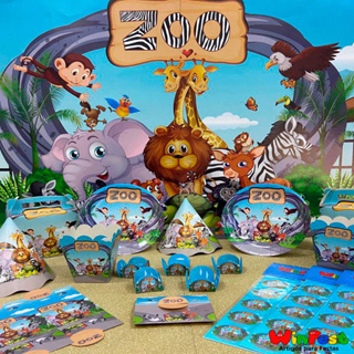 Kit Festa em casa Zoo com Painel / Caixa Surpresa / Chapeu / Convite / Prato Animais