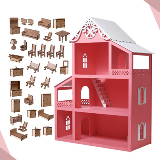 CASA CASINHA POLLY 45Cm em MDF PINTADA ROSA PINK + KIT 20 MINI