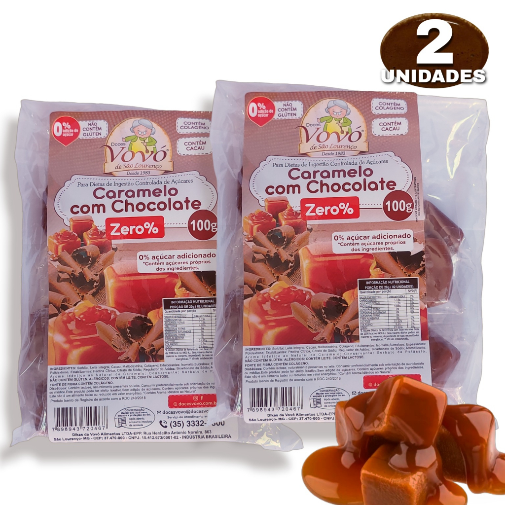 Caramelo De Chocolate Diet Zero Açúcar Com Colágeno 100g 2uni