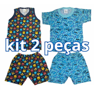 Kit 2 Pijamas Infantil Verão Regata e Camisa 100% Algodão