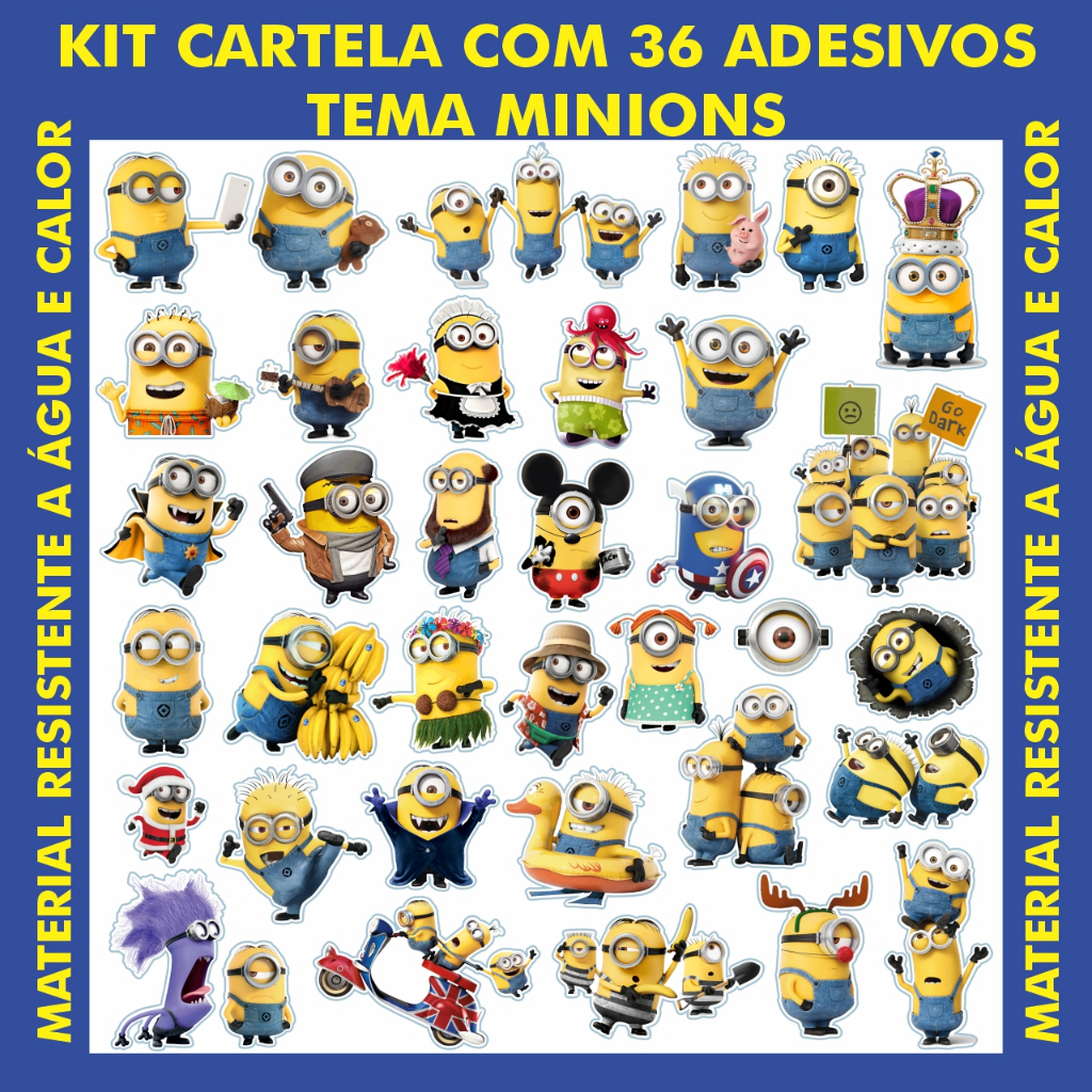 KIT CARTELA C/ 36 ADESIVOS TEMA MINIONS/ ADESIVOS PARA BIKE, CARRO ...