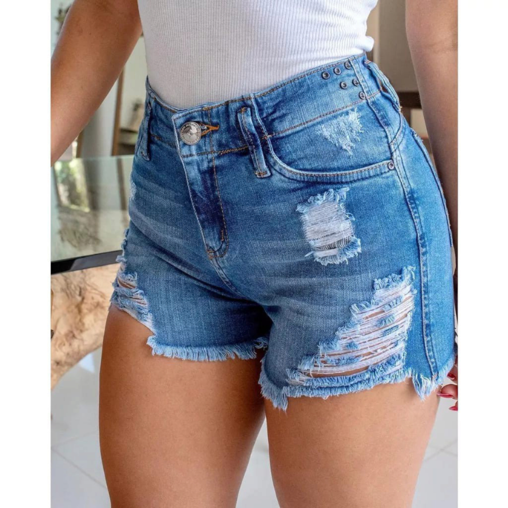 Short Feminino Jeans Com Licra Cintura Alta Desfiado Curto 1