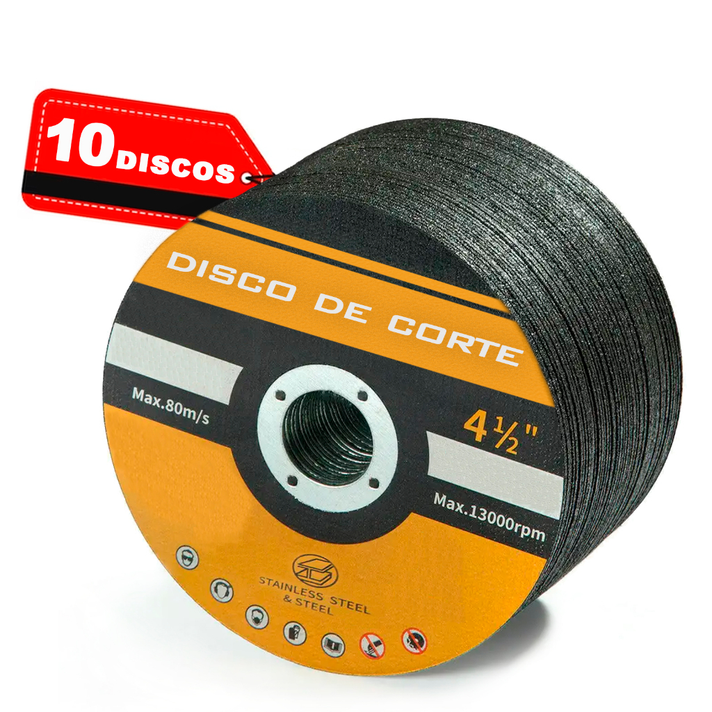 Kit 10 Disco de Corte 4.1/2 Metal Aço Carbono/Inox 115mm