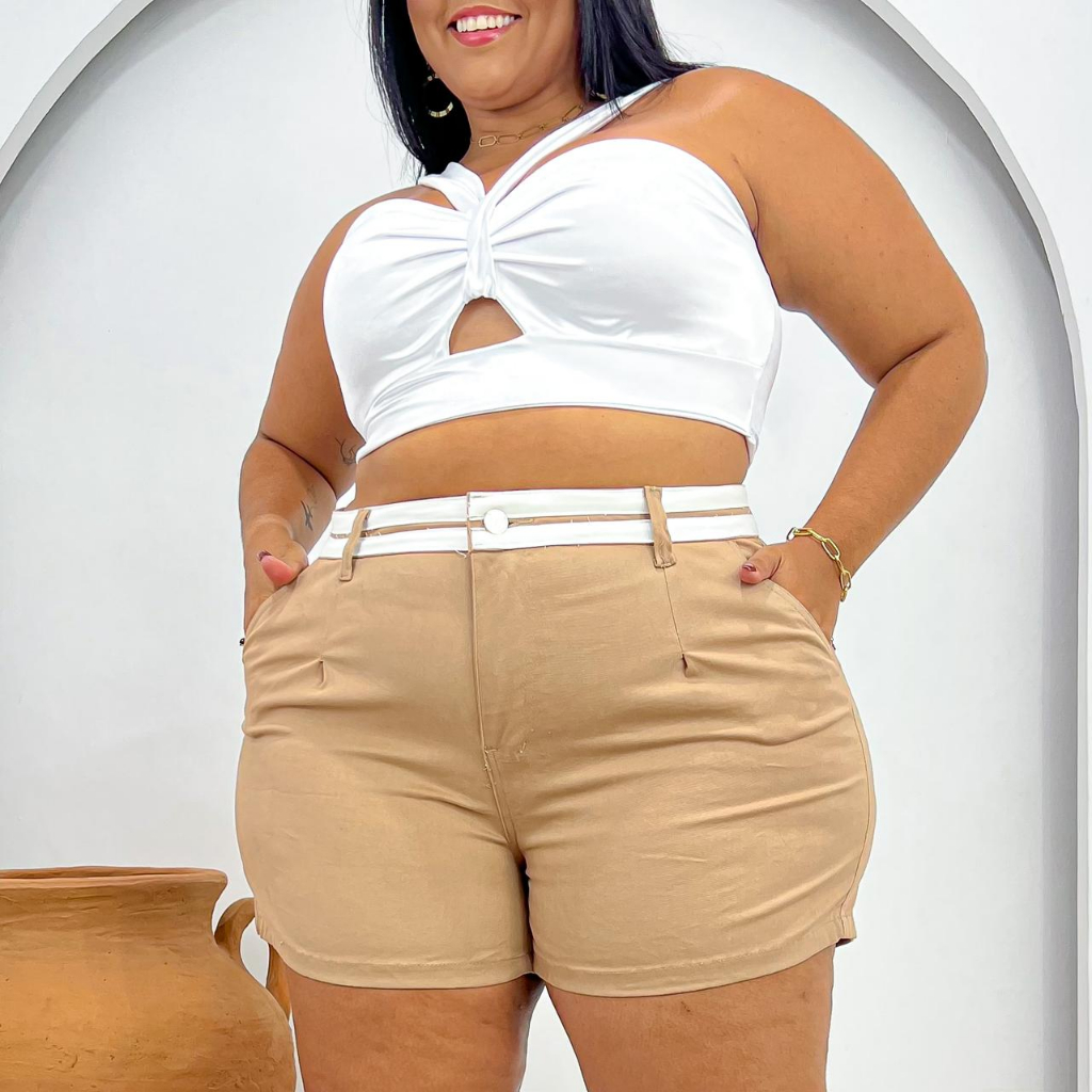SHORT EM BRIM SHAUNA COM BICOLOR NO CÓS PLUS SIZE 46 AO 56 COM ELASTANO ...