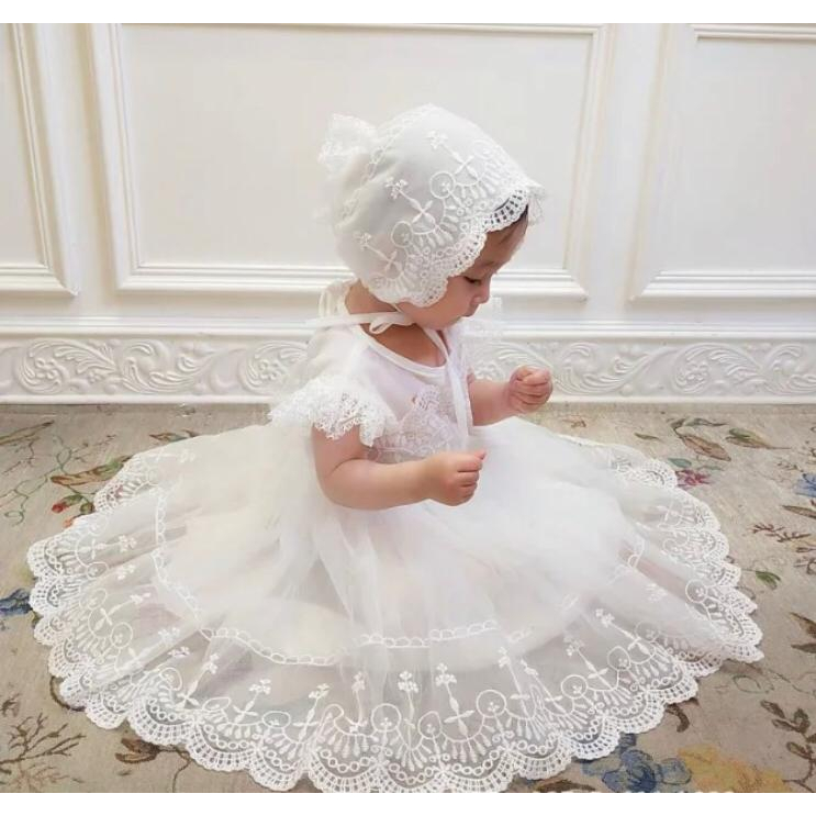 Vestido Bebê Branco Mandrião com Touca Renda Batizado Apresentação