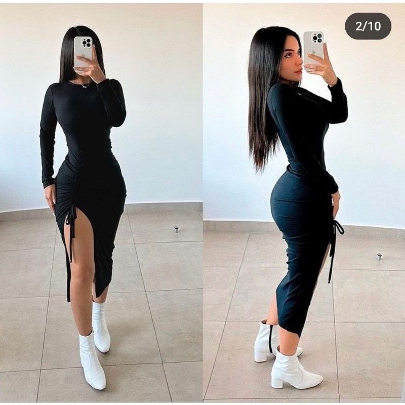 Vestido Longo Manga Longa Com Puxador Lateral Super Confortável Malha Canelada ( RUTE )