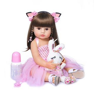 Boneca Bebê Reborn Cabelo Castanho + Bolsa 20 Itens Enxoval - Chic