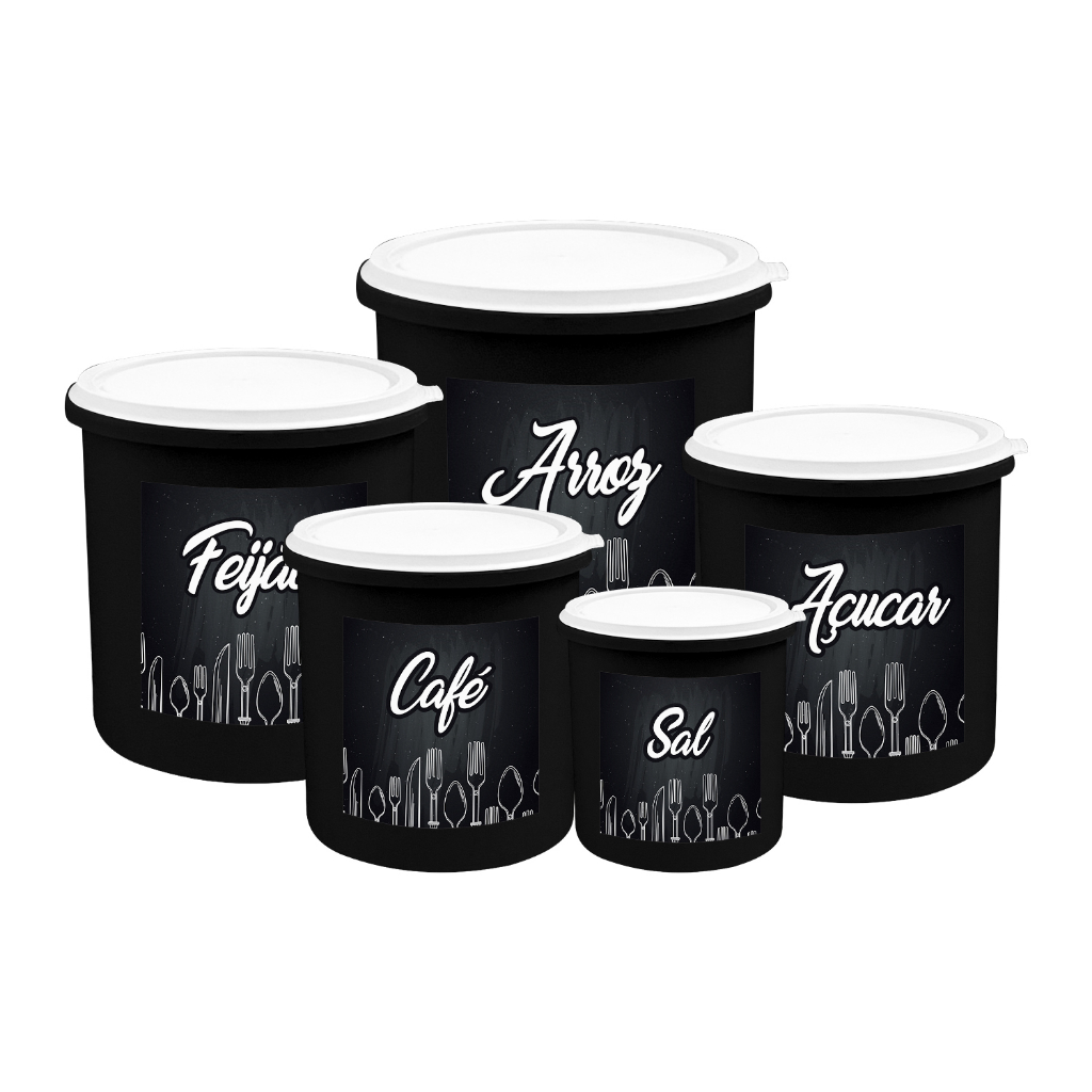 Kit 5 Potes de Mantimentos Plástico Decorado Linha Talher