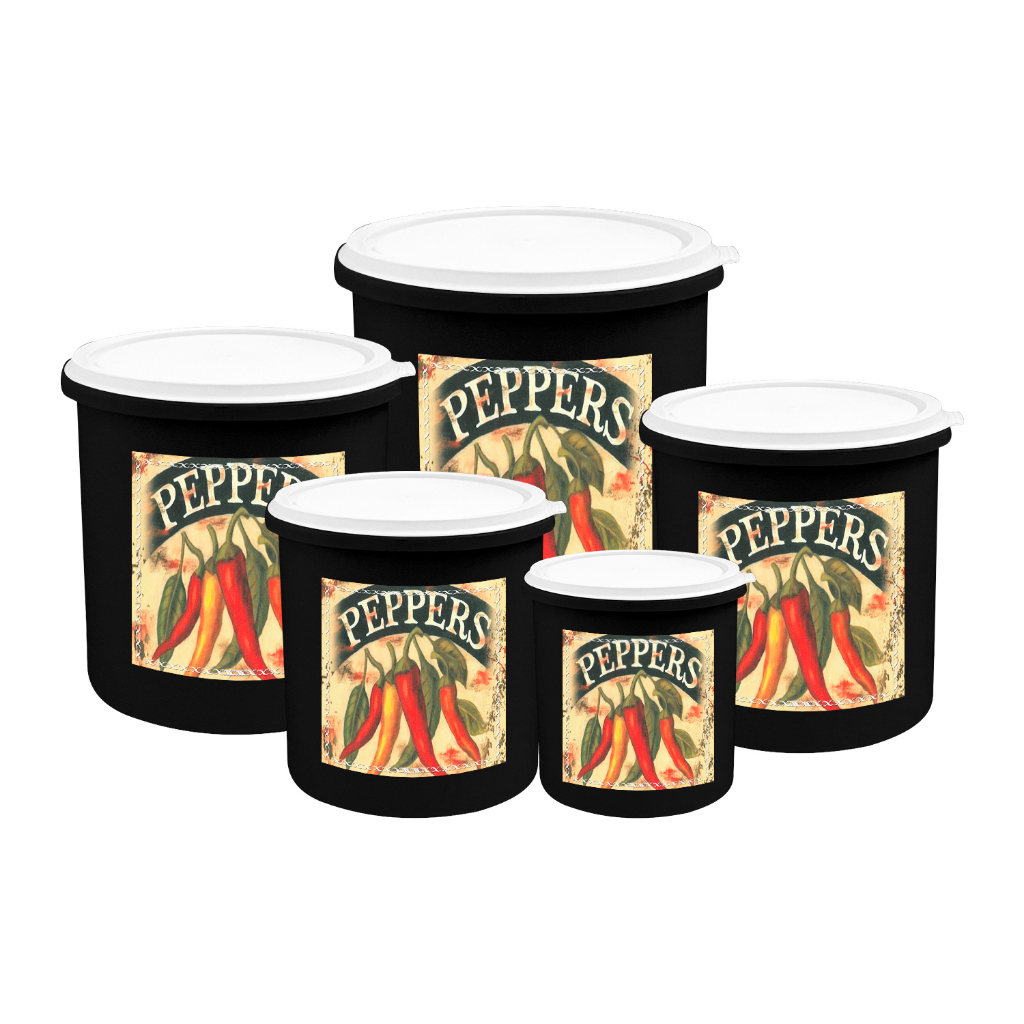 Kit 5 Potes de Mantimentos Plástico Decorado Linha Peppers