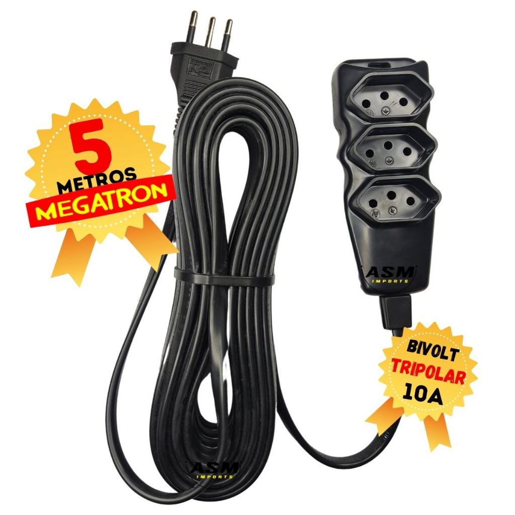 Extensao Eletrica Megatron Tripolar 5 Metros de Cabo 10A Bivolt