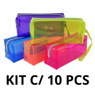Kit 10/40 Unidades Estojo Escolar Baú Neon PVC Transparente Grande