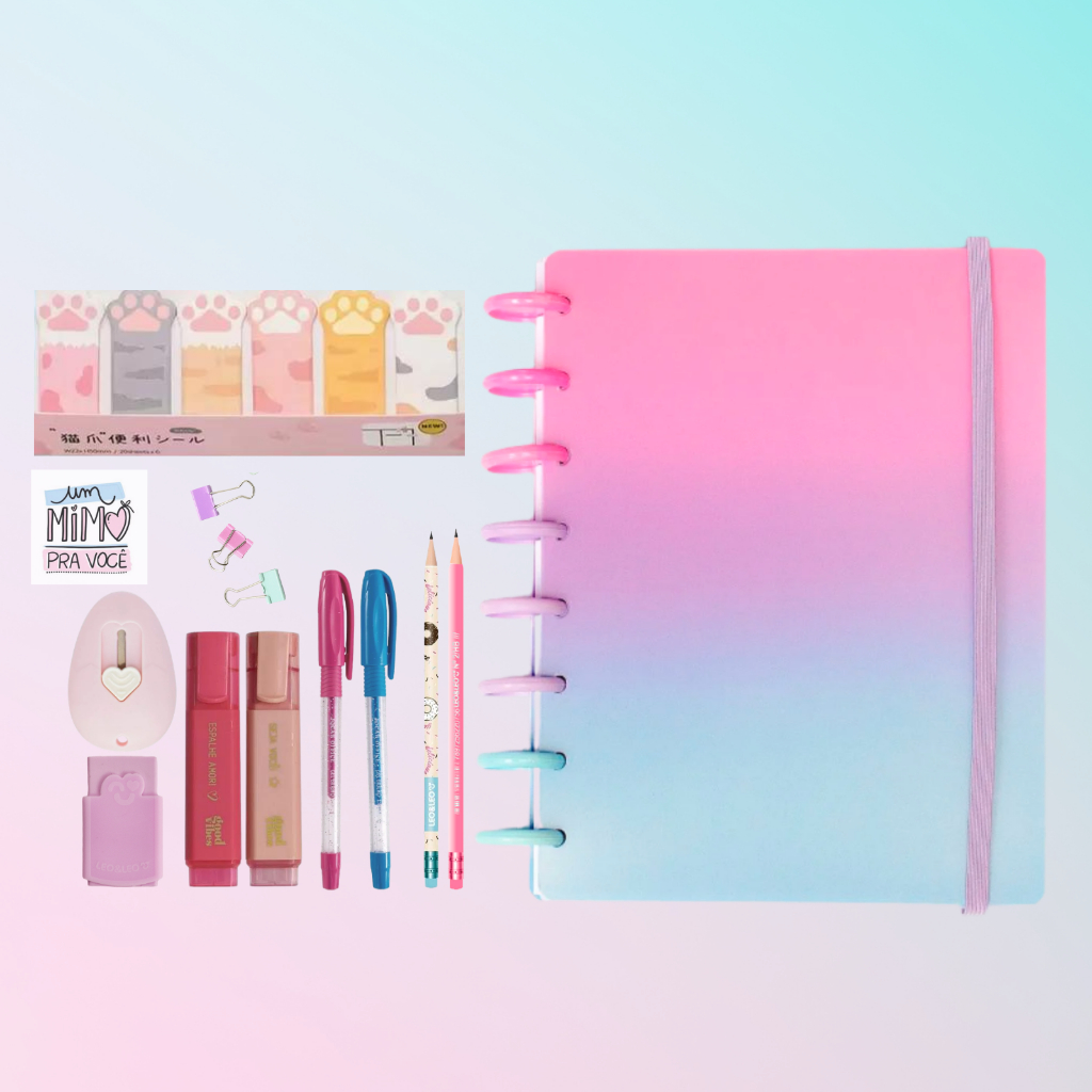 Kit Papelaria Caderno Inteligente Tons Pasteis Fofo Kawaii