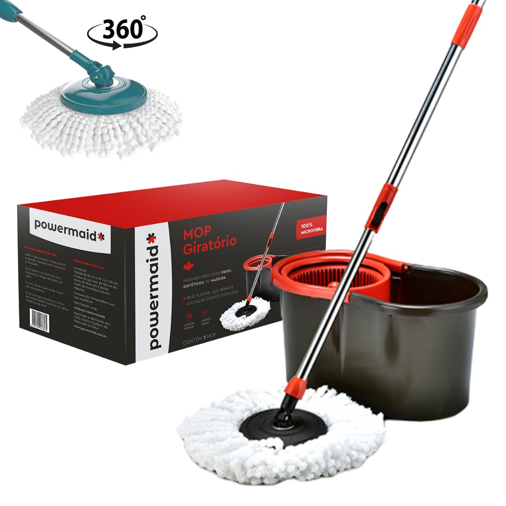 Mop Kit de Limpeza Giratório Inox Com Balde e Esfregão 360