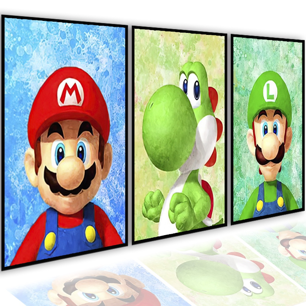 Kit Quadros Decorativos Mosaico 3 Peças Trio Infantil Mario Bross Luigi  Dragão Dinossauro Desenho Arte Infantil Vintage Abstrato Modular